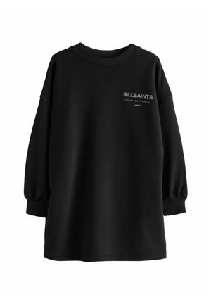 Melnā, pārmērīga izmēra džemperis, kas izgatavots no mīksta auduma, ar ribotu kakla izgriezumu un piedurknēm. Priekšpusē ir uzdrukāts "ALLSAINTS" logotips baltā krāsā.
