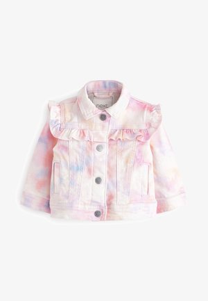 Børns pastel batikfarvet denimjakke i lyserøde, blå og gule nuancer med flæsedetaljer på skuldrene og knapmanchetter.