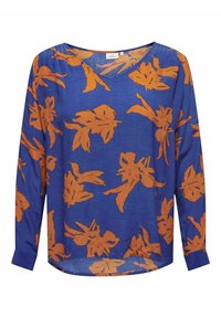 Langarmshirt aus blauer Stoff mit orangefarbenem Blumenmuster; verfügt über einen runden Halsausschnitt und einen geraden Saum. Leichter, weicher Griff.
