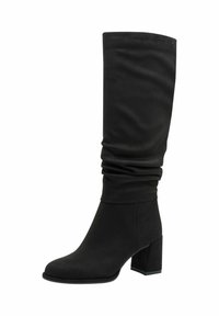 Knähöga svarta stövlar i mjukt material med en slouchig design, fyrkantig tå och en klack för stabilt stöd.