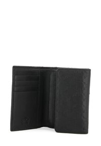 Portafoglio nero in pelle con motivo in rilievo, molteplici scomparti per carte e interno liscio. Caratteristica di protezione RFID evidenziata da un logo in rilievo.