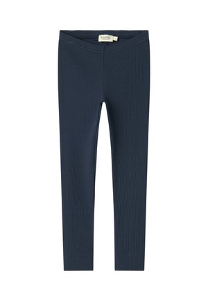 Donkerblauwe geribde legging met een elastische tailleband, plat gepresenteerd tegen een effen achtergrond. Casual, rekbare stof geschikt voor dagelijks gebruik.