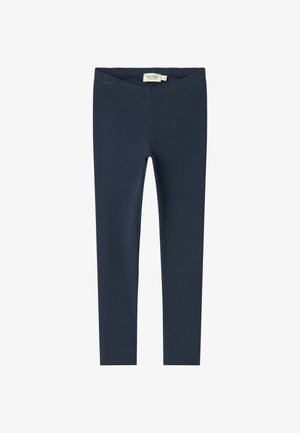 Ciemnoniebieskie ryflowane legginsy z elastycznym pasem, prezentowane płasko na jednolitym tle. Casualny, elastyczny materiał odpowiedni do codziennego noszenia.