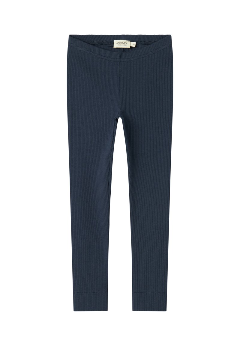 Mørk marineblå ribbede leggings med elastisk liv, presentert flatt mot en enkel bakgrunn. Uformelt, elastisk stoff egnet for hverdagsbruk.