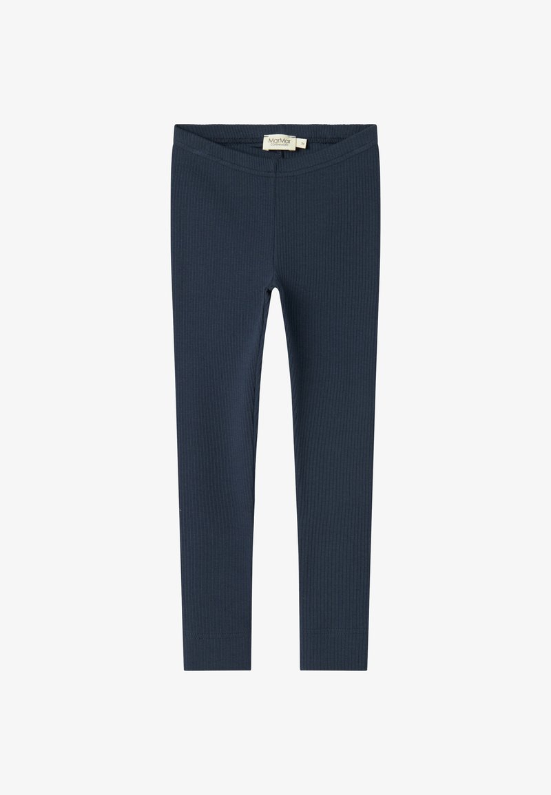 Donkerblauwe geribde legging met een elastische tailleband, plat gepresenteerd tegen een effen achtergrond. Casual, rekbare stof geschikt voor dagelijks gebruik.