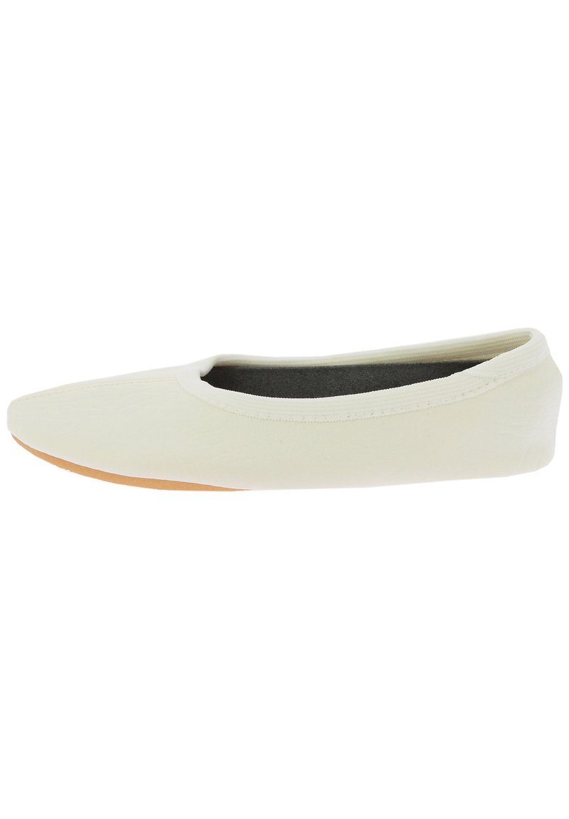 Ballet flat shoe in off-white canvas with a smooth texture, rounded toe, and flexible tan rubber sole. Simple design with no embellishments.