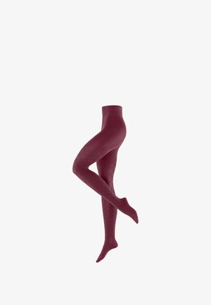 Collant opachi borgogna con motivo a rombi e linee nere. Tessuto liscio con vita alta e design aderente per il massimo comfort.