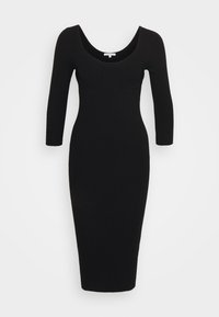 Schwarzes geripptes Strickkleid mit Rundhalsausschnitt, langen Ärmeln und taillierter Silhouette, das bis zur Mitte des Wadenlänges reicht. Keine sichtbaren Verschlüsse.