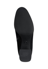 Suola nera con grip testurizzato, caratterizzata da una forma arrotondata e una parte superiore nera liscia. Include un accento circolare vicino al tallone.