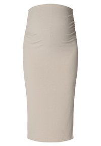 Beige gerippter Midirock mit hoher Taille und Raffung an den Seiten, der eine figurbetonte Silhouette sowie einen glatten, dehnbaren Stoff aufweist.
