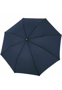 Ombrello blu navy con superficie in tessuto liscio, otto stecche e un manico centrale nero. Presenta una forma a cupola classica per la protezione dalla pioggia.