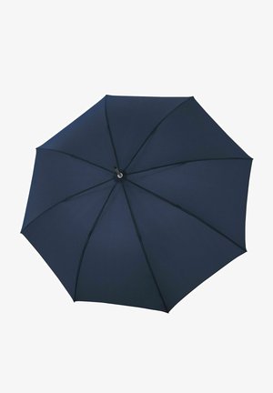Paraguas azul marino con superficie de tela suave, ocho varillas y un mango central negro. Presenta una forma clásica de cúpula para la protección contra la lluvia.