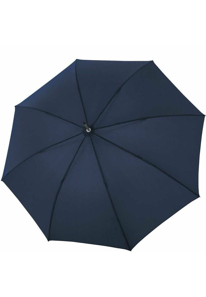 Ombrello blu navy con superficie in tessuto liscio, otto stecche e un manico centrale nero. Presenta una forma a cupola classica per la protezione dalla pioggia.