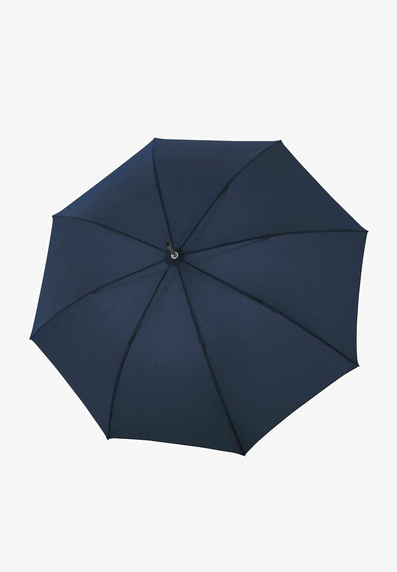 Dunkelblauer Regenschirm mit glatter Stoffoberfläche, acht Rippen und einem zentralen schwarzen Griff. Bietet eine klassische Kuppelform zum Schutz vor Regen.