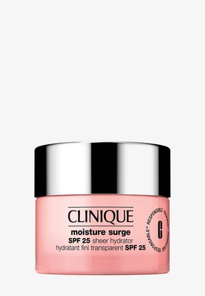 Hydratant léger Clinique Moisture Surge SPF 25 dans un pot rose avec un couvercle argenté brillant, étiqueté pour l'hydratation et la protection solaire.