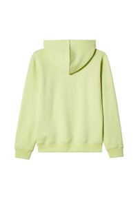 Felpa verde chiaro con cappuccio, maniche lunghe e una texture morbida. La vista posteriore mostra un design semplice e privo di decorazioni.