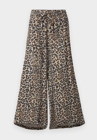 Leopardprint wijde broek met een elastische tailleband en trekkoord. Gemaakt van lichtgewicht stof, met een gladde textuur en een losse pasvorm.