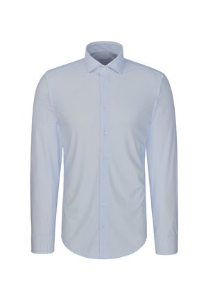 Chemise homme à manches longues à petits carreaux bleu clair et blanc, avec patte de boutonnage et col classique sur fond uni.