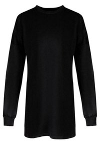 Czarna tunika z długim rękawem, wykonana z miękkiego materiału. Posiada okrągły dekolt, opadające ramiona i dopasowane mankiety. Prosty, jednolity design.