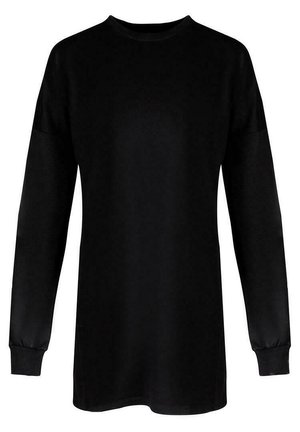 Czarna tunika z długim rękawem, wykonana z miękkiego materiału. Posiada okrągły dekolt, opadające ramiona i dopasowane mankiety. Prosty, jednolity design.