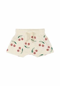 Shorts in cotone crema con vita e cordoncino, caratterizzati da una stampa di ciliegie rosa con faccine sorridenti e foglie verdi.
