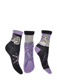 Set di tre paia di calzini; neri con accenti viola e personaggi, grigi con disegni al centro e viola con motivi neri.