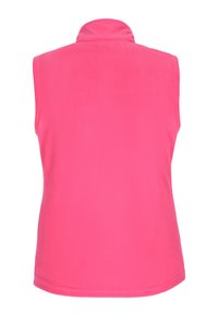 Rózsaszín, ujj nélküli bolyhos mellény magas gallérral, sima tapintású, lekerekített szegéllyel, látható hardver vagy minták nélkül.