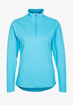 Pullover sportivo azzurro chiaro a maniche lunghe con zip a un quarto e collo alto, tessuto strutturato e logo "CRAFT" sul collo.