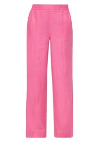 Pantalon droit rose avec ceinture élastique et sans poches visibles, présenté sur fond blanc.