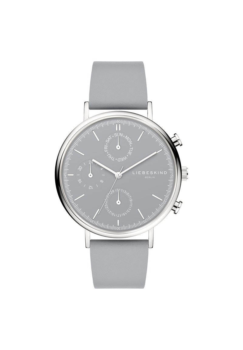 Zilveren horloge met een grijze silicone band. Cirkelvormige kast, grijze wijzerplaat met uur/minuut markeringen, sub-dials en datumaanduiding. Eenvoudig ontwerp.