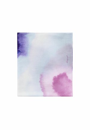 Kwadratowa tkanina z akwarelowymi smugami w odcieniach fioletu, różu i niebieskiego delikatnie przechodzącymi na materiale.