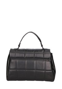 Borsa a tracolla in pelle nera con un design trapuntato, forma rettangolare e manico curvo. La superficie ha una texture liscia con cuciture visibili.