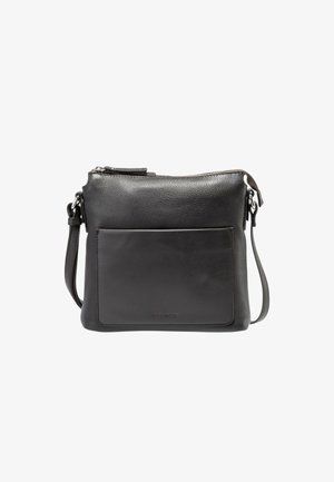 Borsa a tracolla nera in pelle con tasca frontale e tracolla regolabile, dotata di chiusura con cerniera nella parte superiore per un accesso sicuro.