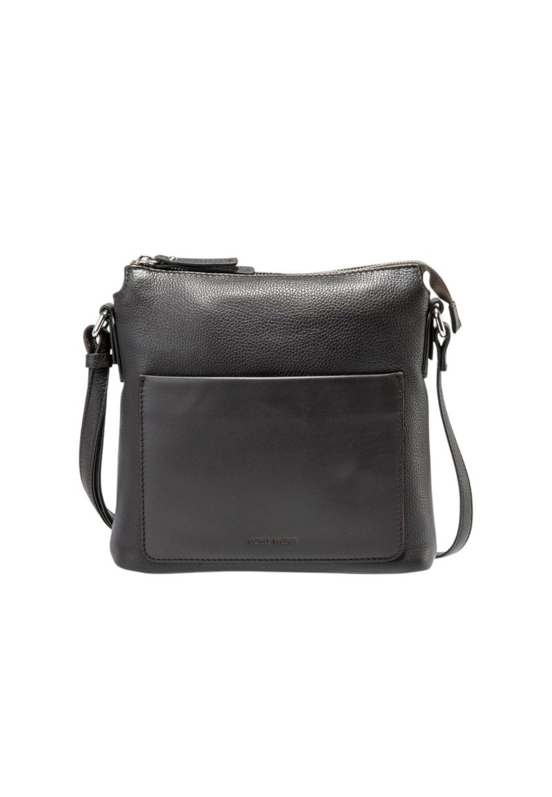 Borsa a tracolla nera in pelle con tasca frontale e tracolla regolabile, dotata di chiusura con cerniera nella parte superiore per un accesso sicuro.