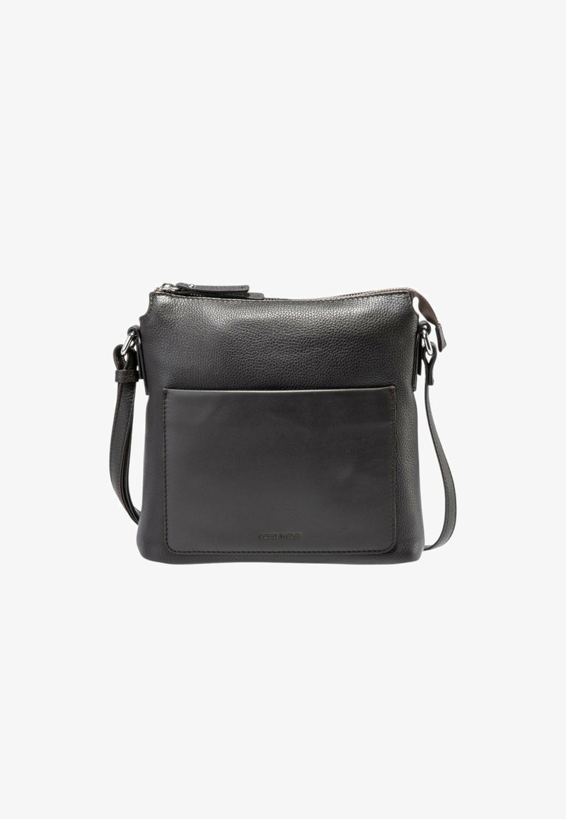 Černá kožená taška přes rameno s přední kapsou a nastavitelným popruhem, s zipovým uzavíráním na vrchu pro bezpečný přístup.