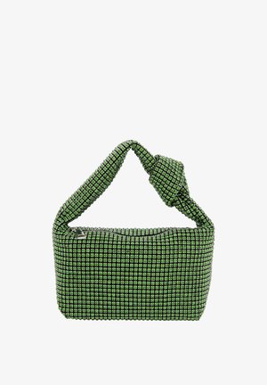 Sac à main vert et noir avec une poignée en nœud, présentant une surface texturée faite de petits clous carrés disposés en motif de grille.