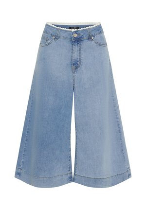 Lyseblå denim culotter med vid benvidde, knaplukning og kontrasterende syninger. Har en bølget taljedetalje.
