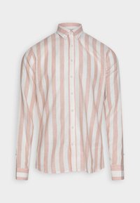 Lätt linne skjorta med vertikala rosa och vita ränder, knappvalkoll, långärmad och knappribbor. Mjuk textur, avslappnad design.