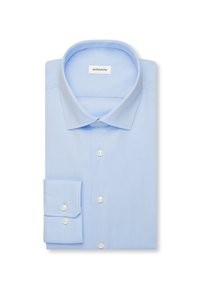 Lichtblauw overhemd met lange mouwen, manchetten met knopen, witte knopen aan de voorkant en een klassieke kraag, keurig opgevouwen.