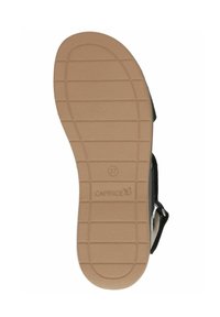 Černá sandál s texturovanou hnědou podrážkou, s vzorovanou stélkou, nastavitelným páskem a gravírovaným logem značky na podrážce. Velikost 37.