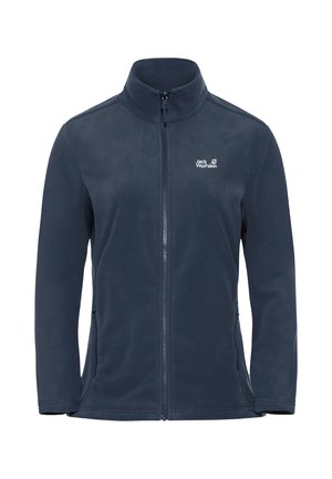 Marineblaue Fleecejacke mit hohem Kragen, durchgehendem Reißverschluss vorne und Logo oben links. Verfügt über Seitentaschen und eine weiche Textur.