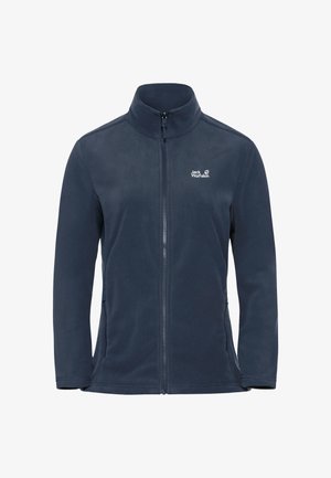 Marineblaue Fleecejacke mit hohem Kragen, durchgehendem Reißverschluss vorne und Logo oben links. Verfügt über Seitentaschen und eine weiche Textur.