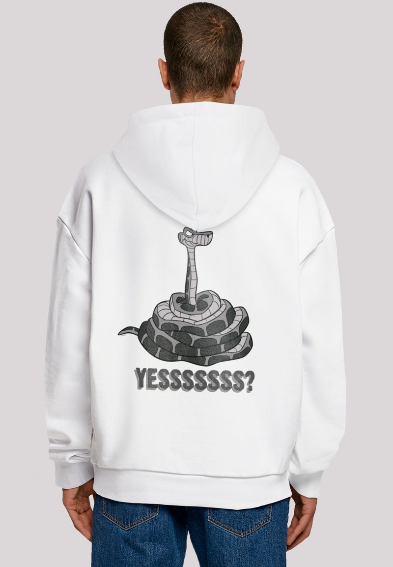 Hvit hettegenser med grafisk design av en vridd slange og teksten "YESSSSSSS?" trykt i svart på ryggen. Ledig passform, myk stoff.