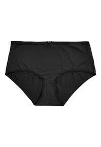 Culotte noire taille haute en tissu lisse, avec une bordure en dentelle le long de la taille et des ouvertures de jambe, ornée d'un détail de noeud central.