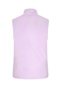 Gilet in pile di colore viola chiaro con colletto alto. Design senza maniche, texture morbida e finitura liscia. Nessun hardware o motivo visibile.