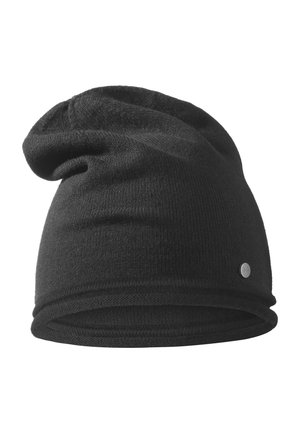Berretto nero a maglia con design slouchy, con una superficie liscia e un piccolo logo metallico sul lato.