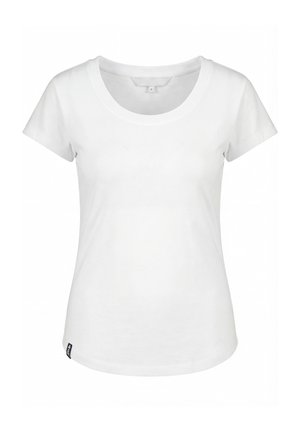 Weißes kurzärmeliges Damen-T-Shirt mit rundem Ausschnitt und kleinem schwarzen Etikett unten links.