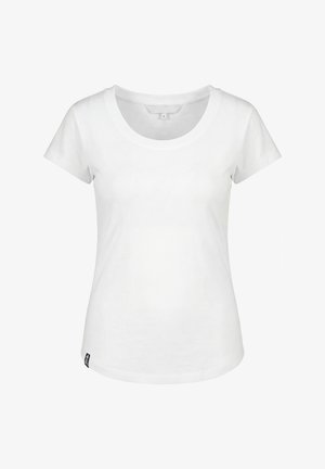 Weißes kurzärmeliges Damen-T-Shirt mit rundem Ausschnitt und kleinem schwarzen Etikett unten links.