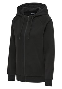 Felpa nera con zip, cappuccio con cordino, maniche raglan, chiusura frontale con zip e polsini e orlo a costine. Tessuto liscio, design casual.