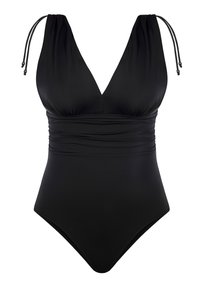 Czarny jednoczęściowy strój kąpielowy z głębokim dekoltem w kształcie V, regulowanymi ramiączkami i marszczonym detalem w talii.